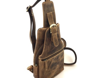 Ledertasche Cossover Tasche Eingurt Rucksack Schultertasche unisex Reißverschlussfächer Vintage Design braun used look