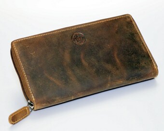 Portefeuille en cuir RFID pour femme marron aspect usé design vintage