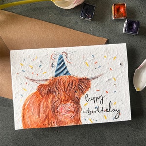 Highland cow happy birthday plantable seed  card/ seed card  Birthday Card // Illustrated Birthday Card//Pretty Birthday Card / eco friendly