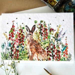 Hare in wildflowers plantable seed  card/ seed card  Birthday Card // Illustrated Birthday Card//Pretty Birthday Card / eco friendly