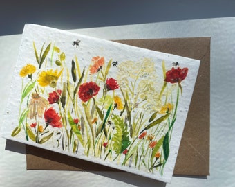 Poppys, bees & wildflowers plantable seed  card/ seed card  Birthday Card // Illustrated Birthday Card//Pretty Birthday Card / eco friendly