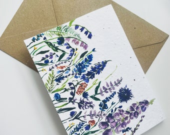 Purple wildflowers plantable seed  card/ seed card  Birthday Card // Illustrated Birthday Card//Pretty Birthday Card / eco friendly