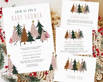 Peut inclure: Un ensemble de papeterie blanche pour baby shower comprenant une invitation, une carte de tombola à couches, une carte pour livres de bébé et une carte de remerciement. Chaque pièce présente des sapins roses, verts et marron avec des étoiles dorées.