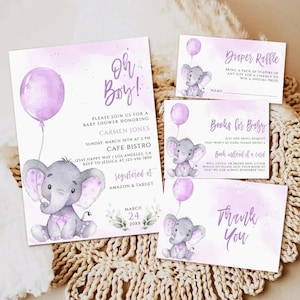 Elephant Baby Shower Invitation set Girl, editable lavender purple balloon baby shower invitation, printable invite template, Invitation set