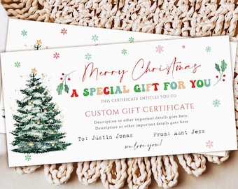 Custom Christmas Gift Certificate Template, Printable, Editable (Digital Download)