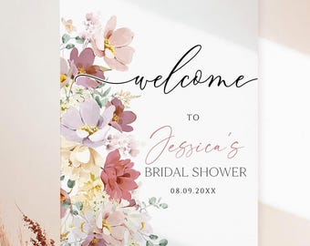 Wildflower Bridal Shower Welcome Sign, Editable Floral Template