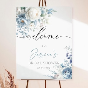 Dusty Blue Floral Bridal Shower Welcome Sign Template, Blue Flowers Welcome Sign Printable, Something blue Shower, Wildflower shower wc12