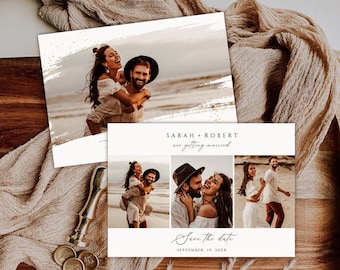Puede incluir: Una tarjeta blanca de guardar la fecha con un collage de tres fotos de una pareja en una playa. El texto en la tarjeta dice "Sarah + Robert se casan. Guarda la fecha. 19 de septiembre de 2023."