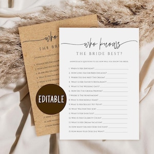 Script Who Knows the Bride Best, Printable Bridal Shower Games, How Well Do You Know the Bride, Editable, Instant Download, Rustic, byh200