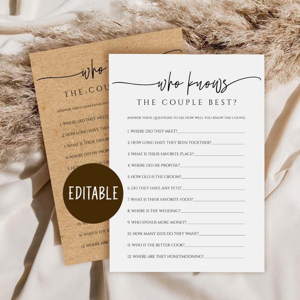 Who Knows The Couple Best, Bridal Shower Games, Editable, Bridal Shower Game,Rustic Bridal Shower Games Printable,Virtual Bridal Shower,yv71