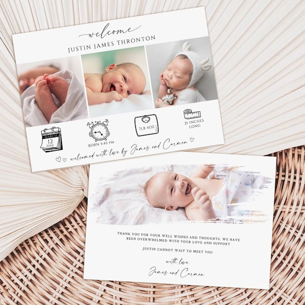 Birth Announcement card, Photo Baby Announcement Card, Newborn, Welcome, Minimalist, Editable Template Printable, Instant Download,