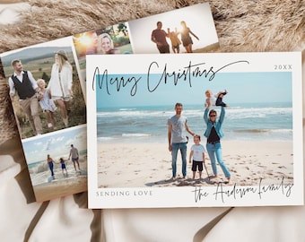May include: Christmas cards with family photos. The main card says "Merry Christmas" in a script font, with "Sending Love" and "the Anderson family" below. Additional photos are displayed on the left side of the card. The background is a beach scene.