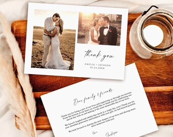May include: A white thank you card with two photos of a couple in black and white attire. The text on the card reads "Thank you" with the couple's names and wedding date below. The card is on a wooden surface with a white background.