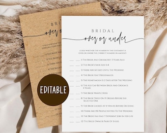 Over or Under Bridal Shower Game, Printable Editable Template (Instant Download)