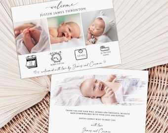 Birth Announcement card, Photo Baby Announcement Card, Newborn, Welcome, Minimalist, Editable Template Printable, Instant Download,