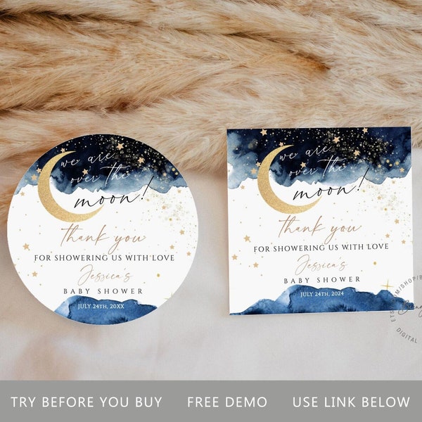 Over the moon Baby Shower Favor Tags, Moon and Stars Baby Shower favor tags,Twinkle Twinkle Little Star Party Favor tags,circular square tag