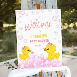 Pink Rubber Ducky Baby Shower Welcome Sign, Printable Baby Shower Welcome, Rubber Duck Baby Shower Welcome poster, duckling baby shower Girl
