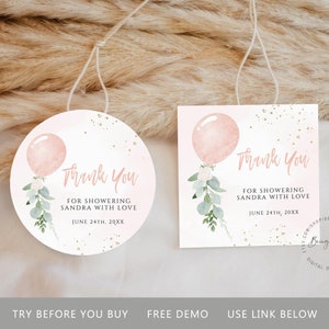 Plantilla editable de etiqueta de favor de globo rosa, etiqueta de regalo de baby shower de globo de acuarela imprimible, descarga de etiqueta circular de baby shower de globo rosa