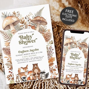 Woodland Baby Shower Invitation Template, Fox Deer Bear Forest Animals Baby Shower Invite Download, Printable Gender Neutral Baby Shower