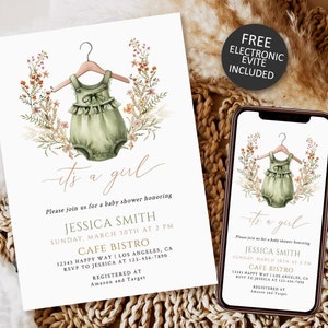 Boho Baby Clothes Shower Invitation Template, Wildflower Baby Shower Invite download, Boho It's a Girl Invite, Floral Sage Green Editable