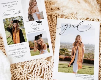 May include: Two graduation party invitations with photos of a young woman in a cap and gown. The text on the invitations reads "Please join us for a graduation party honoring Jessica Smith" and "Class of 202X Signature High School".