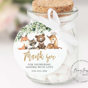 Woodland Baby Shower Favor Tags Verjaardagsstickers Woodland Party Gunsten Ronde Bedankkaartjes Bewerkbare tags Cadeaulabels Cirkel Rond Bedankkaartje