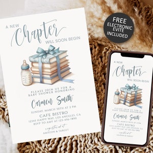 A New Chapter Will Soon Begin Book Baby Shower Invitation, Storybook theme boy baby shower invite, dusty blue bow books baby shower download