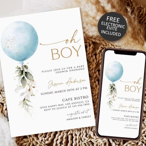 Oh Boy Balloon Baby Shower Invitation Template, Editable Blue Balloon Baby Shower Invitation,Blue Boy Eucalyptus Baby Shower Invite download
