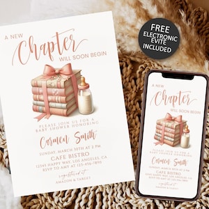 A New Chapter Will Soon Begin Book Baby Shower Invitation, Storybook theme girl baby shower invite,dusty pink bow books baby shower download