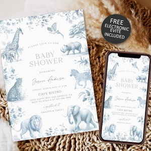 Safari Toile De Jouy Baby Shower Invitation Template, Editable Dusty Blue Safari Baby Shower Invite, Vintage French Chinoiserie Blue Safari