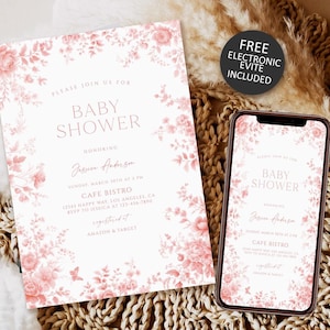 Toile De Jouy Pink Baby Shower Invitation, Elegant Chinoiserie Pink Floral Baby Shower Invitation Template,Pink French Toile Invite Download