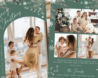 May include: A holiday greeting card with a green background, featuring family photos and the text "Merry Christmas." The card includes the family's names and a holiday message. Snowflakes and pine branches decorate the borders.