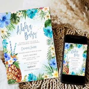 Blue Aloha Baby Shower Invite, Tropical Luau, Boy Invitation, Teal Blue Floral, Hawaiian, Pineapple Coconut, Baby Boy Invitation download