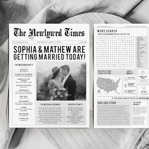 Newspaper Wedding Program Template, Editable Wedding Infographic Program, Printable Unique Wedding Timeline program, Wedding Word Search