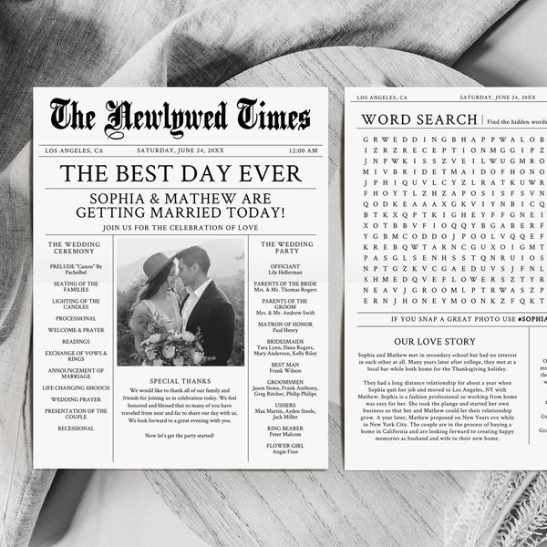 Newspaper Wedding Program, Printable Wedding Programs, Wedding Program Template, Fun Wedding Programs, Editable wedding Newspaper Download