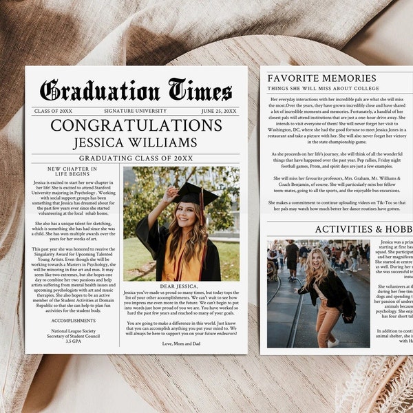 Graduate Printable Newspaper Keepsake Template, Graduation Gift for Her, Graduation Gift for Him, Graduation Announcement, Grad printable