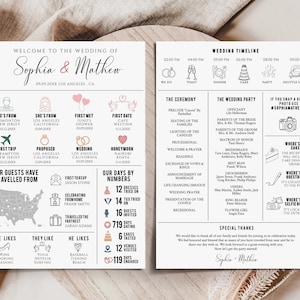 Plantilla de programa de boda infográfico, programa de recepción editable, programa de boda divertido imprimible, programa de ceremonia divertido único, moderno