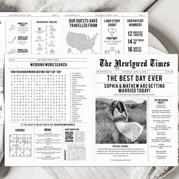 Large Newspaper Wedding Program Template, Folded Modern Reception Program, Infographic Wedding Program download, Printable Wedding Timeline