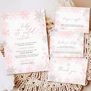 Winter Baby Shower Invitation Girl, Editable Baby It&#39;s Cold Outside, Silver and Pink Snowflake Invitation Template, Instant Download set