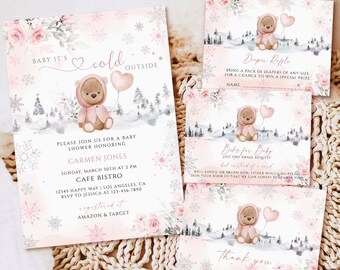 May include: A set of baby shower invitations and cards with a winter theme. The invitation features a teddy bear in a pink outfit, snowflakes, and the text "Baby It's Cold Outside." Additional cards include a diaper raffle and thank you notes.