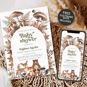 Woodland Animals Baby Shower Invitation Template, Bear Fox Deer Forest Animals Baby Shower Invite Download, Printable Gender Neutral Shower