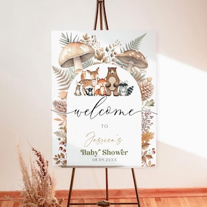 Editable Woodland Baby Shower Welcome Sign, Woodland Animals Welcome Sign Rustic Template,Greenery Forest Animals Baby Shower Welcome Poster