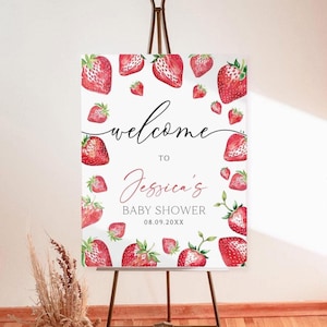 Strawberry baby shower welcome sign, Berry Sweet Baby Shower Sprinkle Welcome Poster, Editable Strawberry welcome sign Printable download