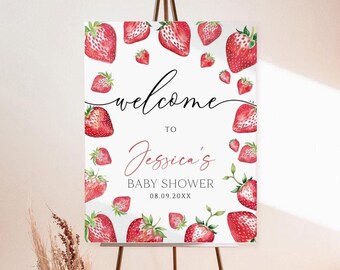Aardbei babyshower welkomstbord, poster met zoete besprenkeling (afdrukbare download)
