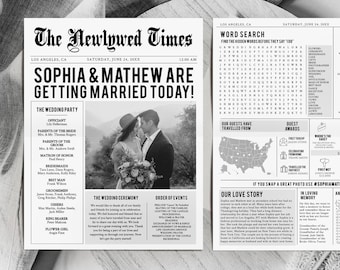 Newspaper Wedding Program Template, Editable Wedding Infographic Program, Printable Unique Wedding Timeline program, Wedding Word Search
