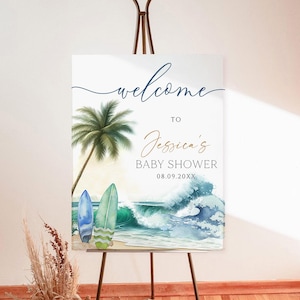 Baby on Board Baby Shower Welcome Sign, Printable Surfboard Baby Shower Welcome Sign Template, Editable Coastal Beach Surf Welcome Sign