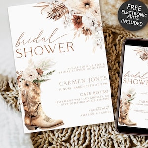 Boho Country Western Bridal Shower Invitation, Boho Floral Cowboy Bridal Shower Invitation template, Cowgirl Boots Bridal Shower Invite