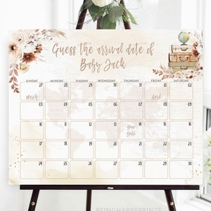 L'aventure attend l'accouchement Calendrier Devinez l'anniversaire de bébé Carte du monde Thème du voyage Sans distinction de sexe Valise Globe Prédication Prédication de bébé