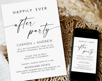 Reception Party Invitation, Happily Ever After Party Invite, Minimalist Wedding Elopement Announcement Card Download, Reception Invite boho