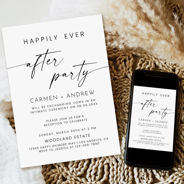 Invitation de fête de réception, Happily Ever After Party Invite, Téléchargement de carte d'annonce de mariage minimaliste Elopement, boho d'invitation de réception